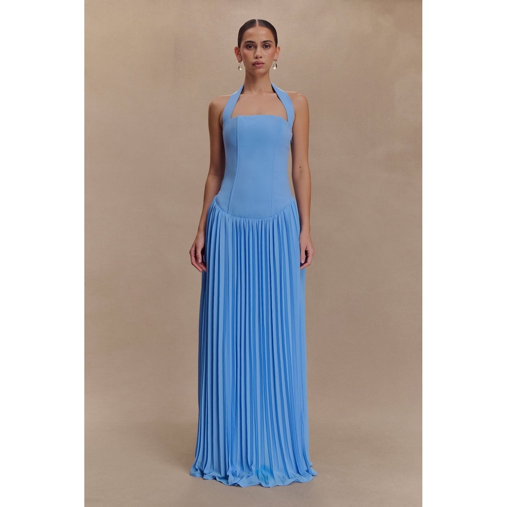 MESHKI Stacie Bright Blue Pleated Halter Maxi Dress Formal Evening Gown Size M